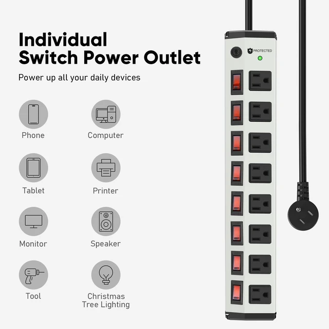 Alt view image 3 of 7 - 8 Outlet Heavy Duty Power Strip with 8 Individual Switches 1200J White 6FT Moutable Metal Power Strip Surge Protector 15A 1800W 125V 60Hz 6FT 14AWG Extension Cord