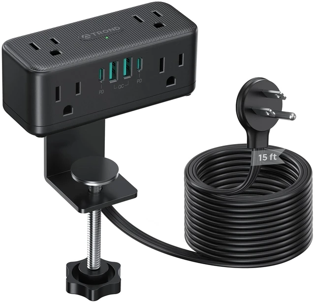 Main image of Compact Desk Clamp Power Strip 15 ft, Fit 2.16" Tabletop Edge, Black Flat Plug Fit Behind Furniture, 6 AC, 2 USB-C PD 20W, 2 USB-A, 900J, Space-saving for Small Home Office Desk Accessories