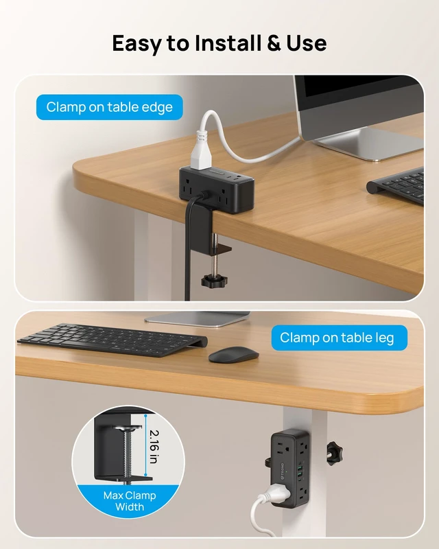 Alt view image 3 of 7 - Compact Desk Clamp Power Strip 15 ft, Fit 2.16" Tabletop Edge, Black Flat Plug Fit Behind Furniture, 6 AC, 2 USB-C PD 20W, 2 USB-A, 900J, Space-saving for Small Home Office Desk Accessories