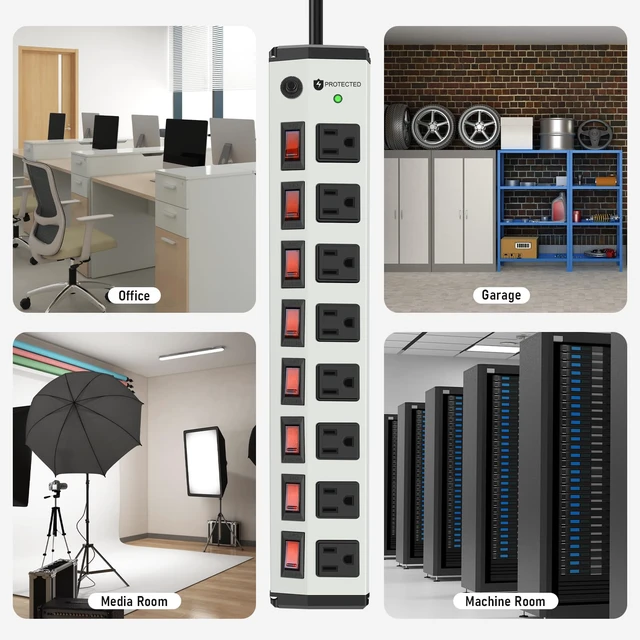 Alt view image 7 of 7 - 8 Outlet Heavy Duty Power Strip with 8 Individual Switches 1200J White 6FT Moutable Metal Power Strip Surge Protector 15A 1800W 125V 60Hz 6FT 14AWG Extension Cord
