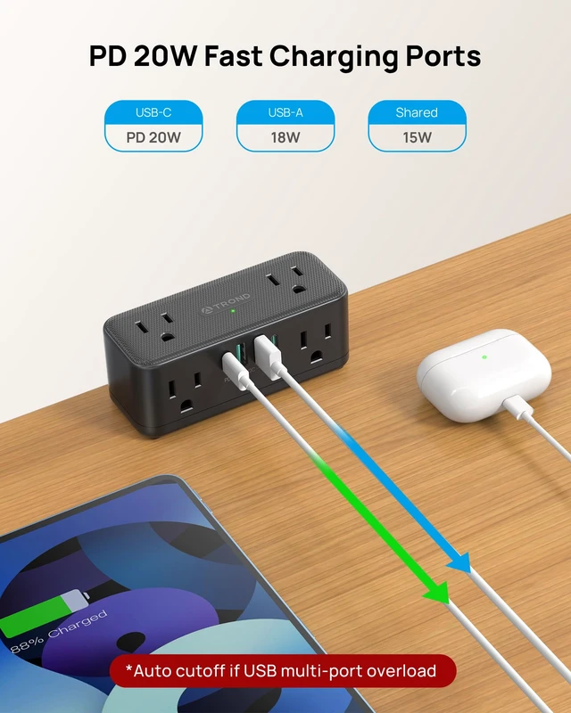 Alt view image 6 of 7 - Compact Desk Clamp Power Strip 15 ft, Fit 2.16" Tabletop Edge, Black Flat Plug Fit Behind Furniture, 6 AC, 2 USB-C PD 20W, 2 USB-A, 900J, Space-saving for Small Home Office Desk Accessories