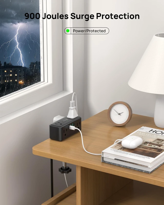 Alt view image 7 of 7 - Compact Desk Clamp Power Strip 15 ft, Fit 2.16" Tabletop Edge, Black Flat Plug Fit Behind Furniture, 6 AC, 2 USB-C PD 20W, 2 USB-A, 900J, Space-saving for Small Home Office Desk Accessories