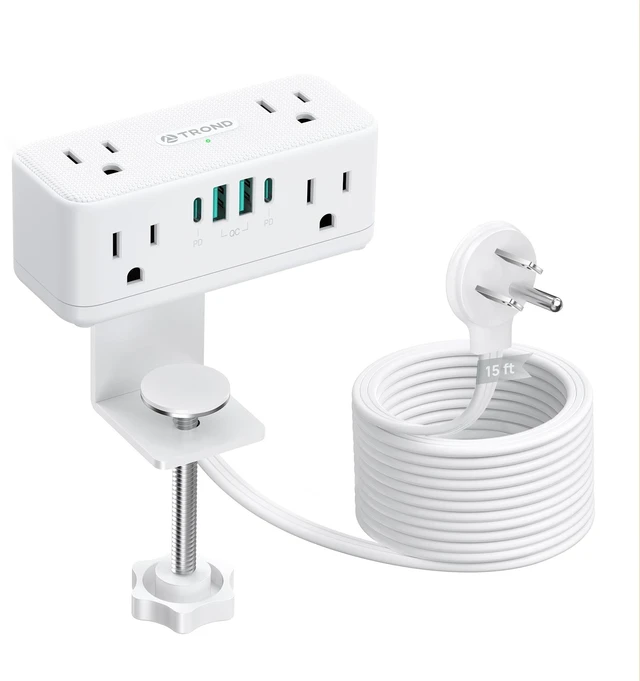 Main image of Compact Desk Clamp Power Strip 15 ft, Fit 2.16" Tabletop Edge, White Flat Plug Fit Behind Furniture, 6 AC, 2 USB-C PD 20W, 2 USB-A, 900J, Space-saving for Small Home Office Desk Accessories