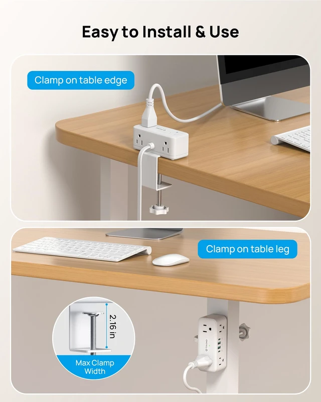 Alt view image 3 of 7 - Compact Desk Clamp Power Strip 15 ft, Fit 2.16" Tabletop Edge, White Flat Plug Fit Behind Furniture, 6 AC, 2 USB-C PD 20W, 2 USB-A, 900J, Space-saving for Small Home Office Desk Accessories