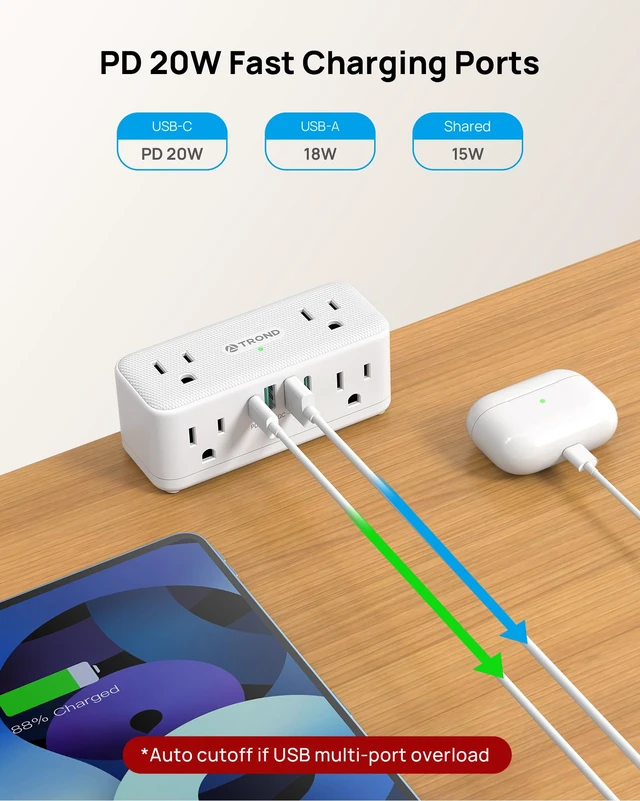 Alt view image 5 of 7 - Compact Desk Clamp Power Strip 15 ft, Fit 2.16" Tabletop Edge, White Flat Plug Fit Behind Furniture, 6 AC, 2 USB-C PD 20W, 2 USB-A, 900J, Space-saving for Small Home Office Desk Accessories