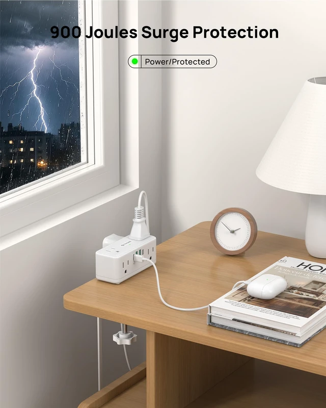 Alt view image 7 of 7 - Compact Desk Clamp Power Strip 15 ft, Fit 2.16" Tabletop Edge, White Flat Plug Fit Behind Furniture, 6 AC, 2 USB-C PD 20W, 2 USB-A, 900J, Space-saving for Small Home Office Desk Accessories