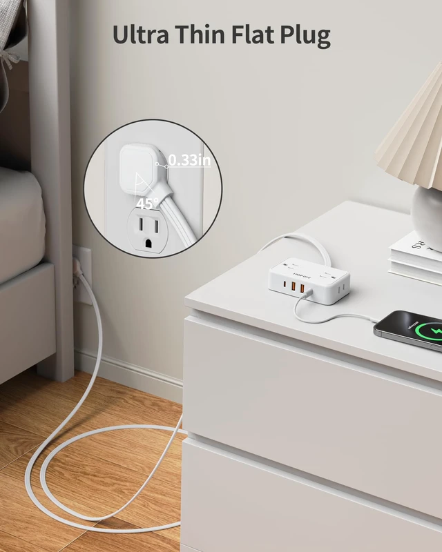 Alt view image 3 of 7 - Flat Plug Extension Cord, 4AC&2A2C, 6 FT Power Strip for Travel Extension Cord with Multiple Outlets, 1625W/13A, 1.62in Wide Spaced, No Surge Protector for Cruise Ship, Room, White