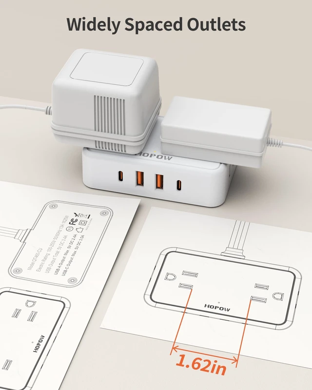Alt view image 4 of 7 - Flat Plug Extension Cord, 4AC&2A2C, 6 FT Power Strip for Travel Extension Cord with Multiple Outlets, 1625W/13A, 1.62in Wide Spaced, No Surge Protector for Cruise Ship, Room, White
