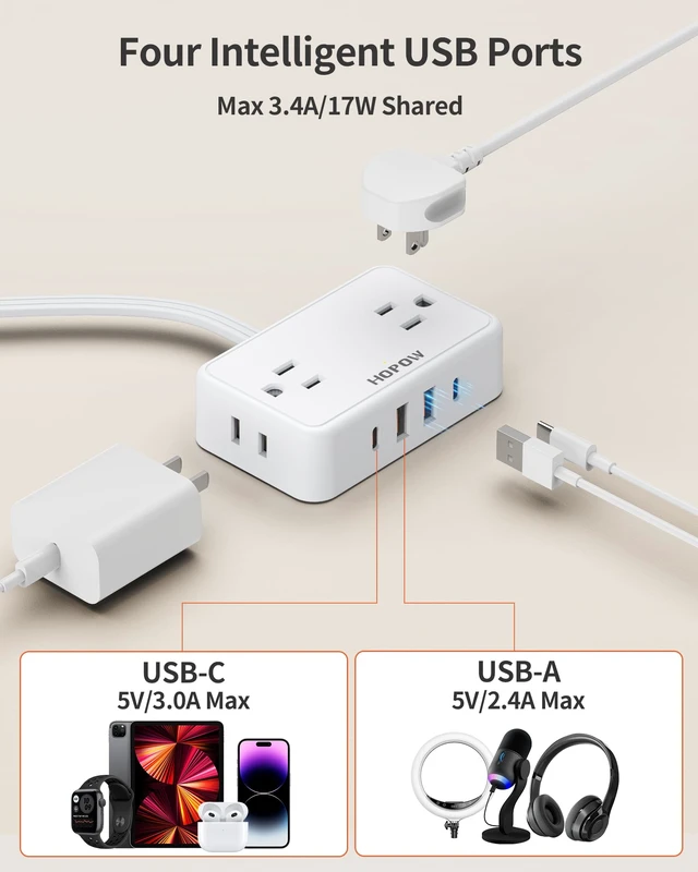Alt view image 5 of 7 - Flat Plug Extension Cord, 4AC&2A2C, 6 FT Power Strip for Travel Extension Cord with Multiple Outlets, 1625W/13A, 1.62in Wide Spaced, No Surge Protector for Cruise Ship, Room, White