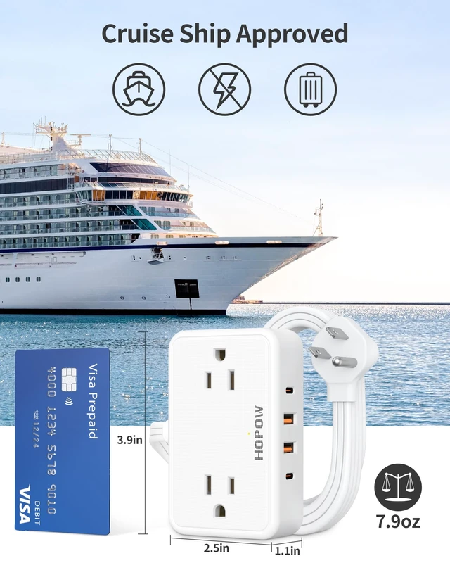 Alt view image 6 of 7 - Flat Plug Extension Cord, 4AC&2A2C, 6 FT Power Strip for Travel Extension Cord with Multiple Outlets, 1625W/13A, 1.62in Wide Spaced, No Surge Protector for Cruise Ship, Room, White
