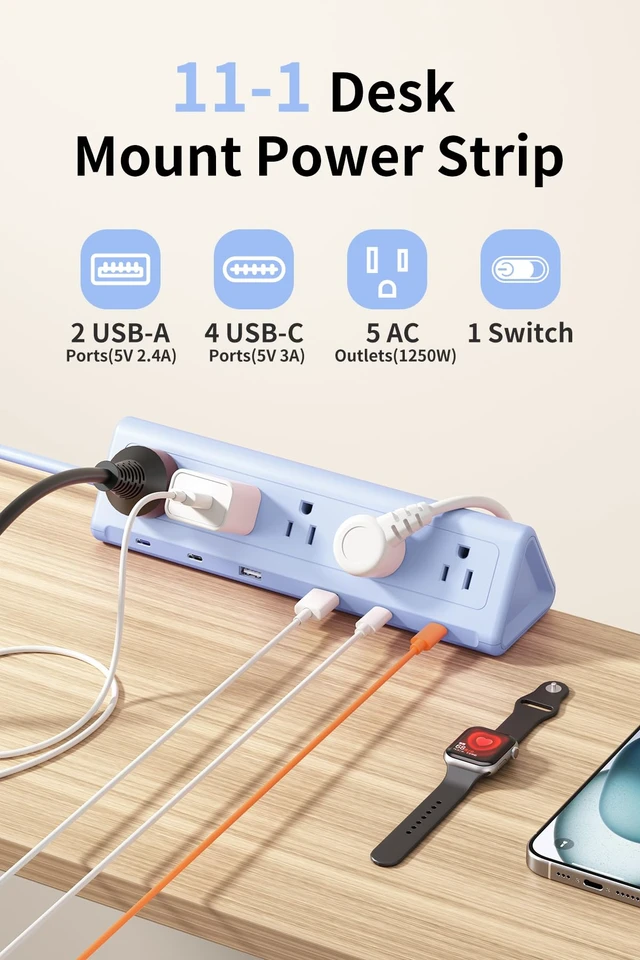 Alt view image 3 of 7 - Desk Clamp Power Strip USBC, 40W Fast Charging, 6.5 Ft, Blue Detachable Clamp,5 AC & 6 USB(4C,2A),Flat Plug Extension Cord,Desk Organizer for Home,Office,Dorm,Fits 0.5-2.1" Tabletop Edge