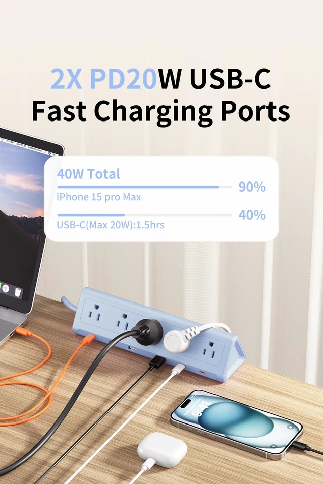 Alt view image 4 of 7 - Desk Clamp Power Strip USBC, 40W Fast Charging, 6.5 Ft, Blue Detachable Clamp,5 AC & 6 USB(4C,2A),Flat Plug Extension Cord,Desk Organizer for Home,Office,Dorm,Fits 0.5-2.1" Tabletop Edge