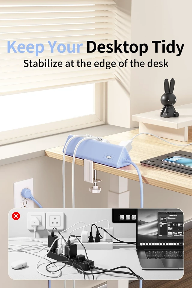 Alt view image 5 of 7 - Desk Clamp Power Strip USBC, 40W Fast Charging, 6.5 Ft, Blue Detachable Clamp,5 AC & 6 USB(4C,2A),Flat Plug Extension Cord,Desk Organizer for Home,Office,Dorm,Fits 0.5-2.1" Tabletop Edge