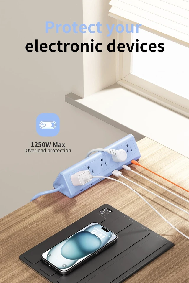 Alt view image 7 of 7 - Desk Clamp Power Strip USBC, 40W Fast Charging, 6.5 Ft, Blue Detachable Clamp,5 AC & 6 USB(4C,2A),Flat Plug Extension Cord,Desk Organizer for Home,Office,Dorm,Fits 0.5-2.1" Tabletop Edge