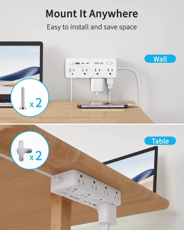 Alt view image 5 of 7 - 2 Prong Power Strip, 8 Outlets & 4 USB(2 USB-C), 5Ft Extension Cord 2 to 3 Prong Outlet Adapter,1700J Two Prong Surge Protector, Wall Mountable, Ideal for Old House Non-Grounded Outlets, White