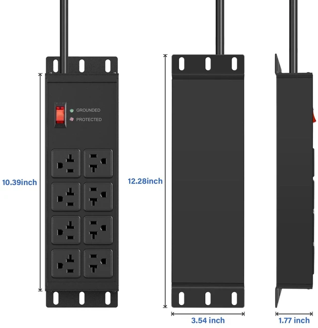 Alt view image 7 of 7 - 2PCS 12 Gauge Heavy Duty Power Strip, 8 Ports. Black, 15FT. Surge Protector, Extension Cord with Multiple Outlets, Wall Mount Plug Extender, Switch, Grounding, High Amp, Garage