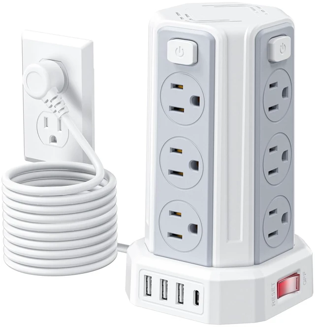 Main image of Power Strip 10 Ft Extension Cord with 12 AC Multiple Outlets 4 USB (1 USB C), Power Strip Tower Desktop Charging Station for Home Office College Dorm Essentials