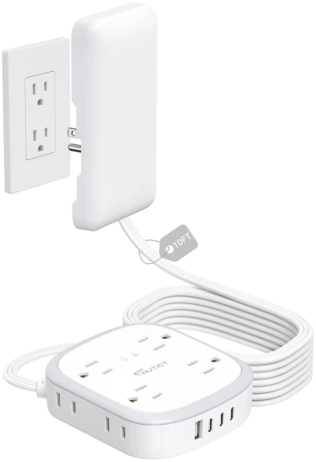 Main image of Outlet Cover 10FT Long Extension Cord, Surge Protector Power Strip 8 AC (4-2Pin) and 4 USB Ports, Wall Mount, 3 Prong Flat Wall Plug with Power Switch, Home Office Dorm Essentials, White