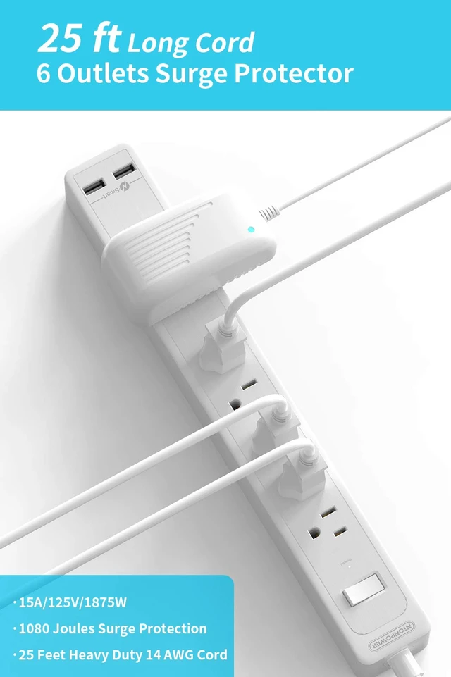 Alt view image 2 of 7 - 25ft Extension Cord Power Strip, 6 Outlets Surge Protector with 2 USB Ports, 15 A Circuit Breaker, Widely Spaced Outlet, Long Power Strip with Flat Plug Wall Mount for Home Office, Old House