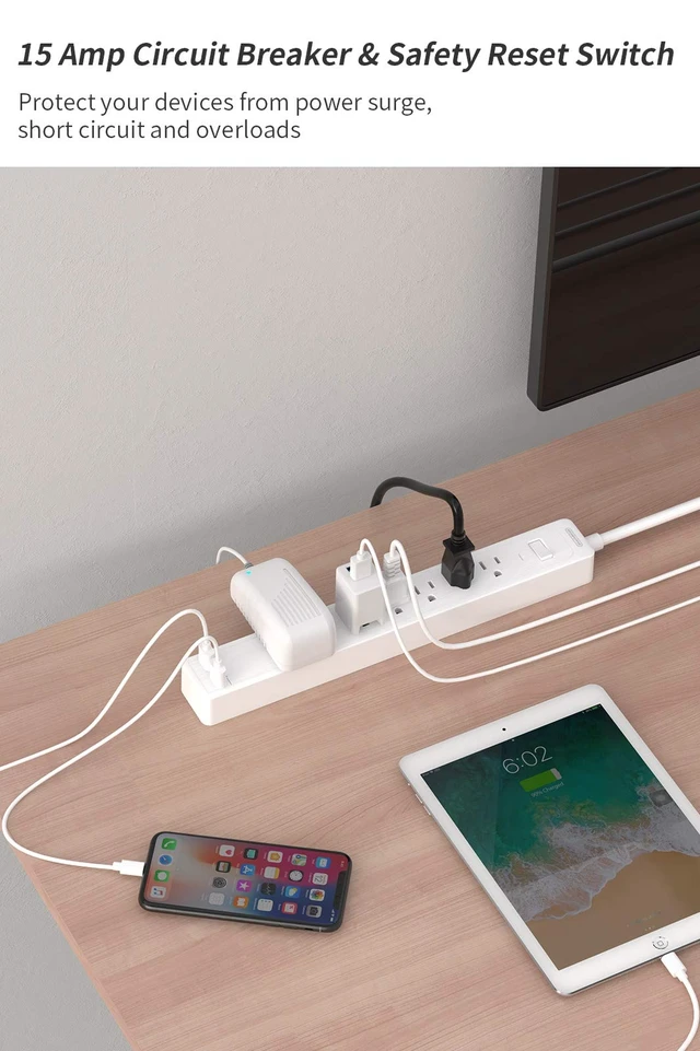Alt view image 3 of 7 - 25ft Extension Cord Power Strip, 6 Outlets Surge Protector with 2 USB Ports, 15 A Circuit Breaker, Widely Spaced Outlet, Long Power Strip with Flat Plug Wall Mount for Home Office, Old House