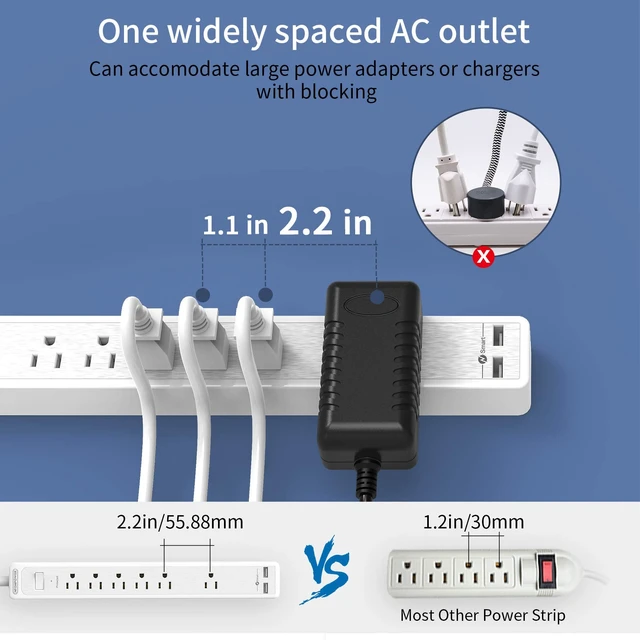 Alt view image 4 of 7 - 25ft Extension Cord Power Strip, 6 Outlets Surge Protector with 2 USB Ports, 15 A Circuit Breaker, Widely Spaced Outlet, Long Power Strip with Flat Plug Wall Mount for Home Office, Old House