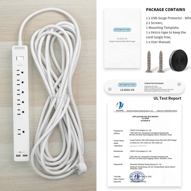 Alt view image 5 of 7 - 25ft Extension Cord Power Strip, 6 Outlets Surge Protector with 2 USB Ports, 15 A Circuit Breaker, Widely Spaced Outlet, Long Power Strip with Flat Plug Wall Mount for Home Office, Old House