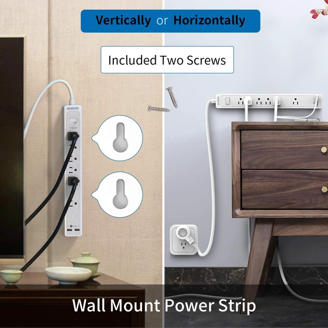 Alt view image 7 of 7 - 25ft Extension Cord Power Strip, 6 Outlets Surge Protector with 2 USB Ports, 15 A Circuit Breaker, Widely Spaced Outlet, Long Power Strip with Flat Plug Wall Mount for Home Office, Old House