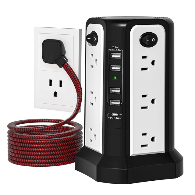 Main image of 10FT Extension Cord with Multiple Outlets Tower Surge Protector Power Strip with USB C(PD18W) Port Flat Plug Tower Outlets with USB Ports,Overload Protection for Home Office DormRoom