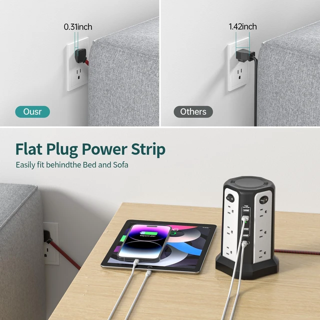 Alt view image 6 of 7 - 10FT Extension Cord with Multiple Outlets Tower Surge Protector Power Strip with USB C(PD18W) Port Flat Plug Tower Outlets with USB Ports,Overload Protection for Home Office DormRoom