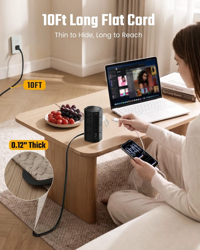 Alt view image 3 of 7 - 10Ft Tower Power Strip, Long Extension Cord, Flat Plug, 1700J, 12 AC 5 USB 3 USB A 2 USB C, Surge Protector Power Tower, Desk Charging Station Multiple Outlets, Home Office Dorm Room, Black