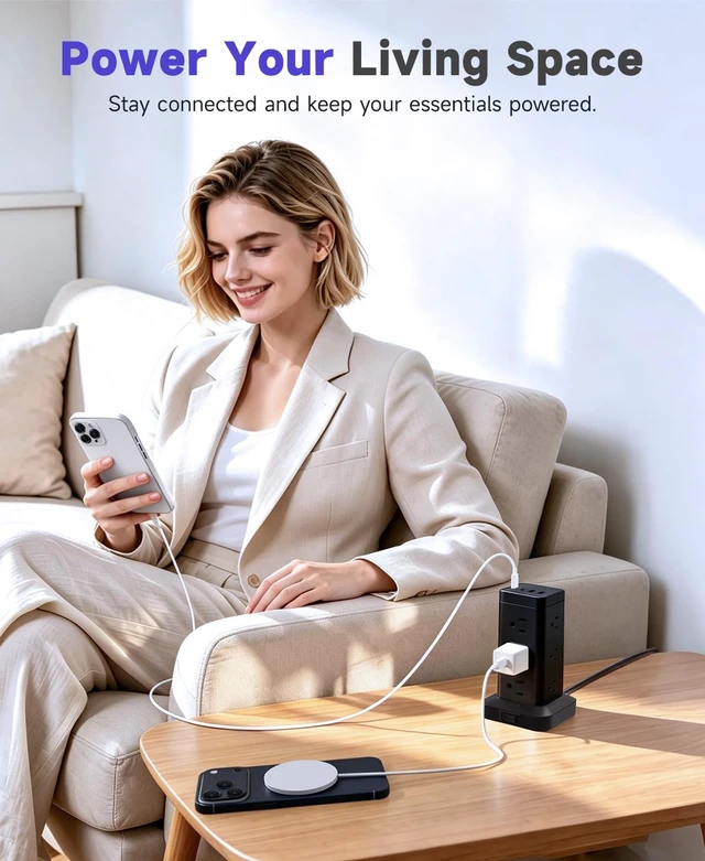 Alt view image 2 of 7 - Tower Power Strip with PD 30W Fast-Charging Port, 12 Outlets, 4 USB Ports (2 USB-C), 1800J Surge Protector, Charging Station for Multiple Devices,9.8FT Extension Cord, Black, Home Office Essentials