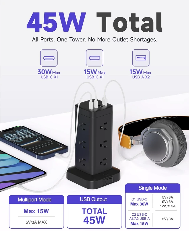 Alt view image 3 of 7 - Tower Power Strip with PD 30W Fast-Charging Port, 12 Outlets, 4 USB Ports (2 USB-C), 1800J Surge Protector, Charging Station for Multiple Devices,9.8FT Extension Cord, Black, Home Office Essentials