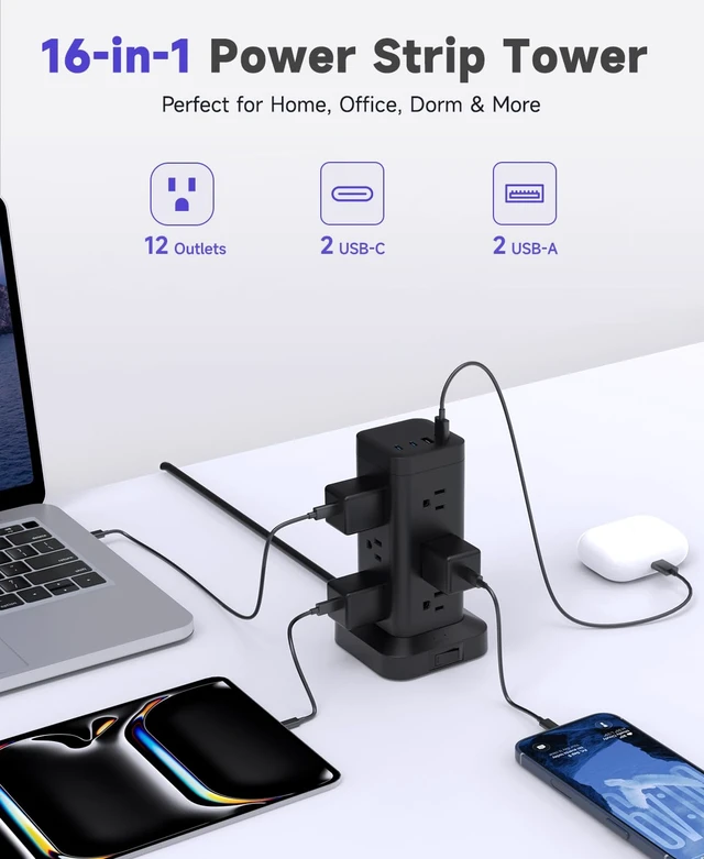 Alt view image 4 of 7 - Tower Power Strip with PD 30W Fast-Charging Port, 12 Outlets, 4 USB Ports (2 USB-C), 1800J Surge Protector, Charging Station for Multiple Devices,9.8FT Extension Cord, Black, Home Office Essentials