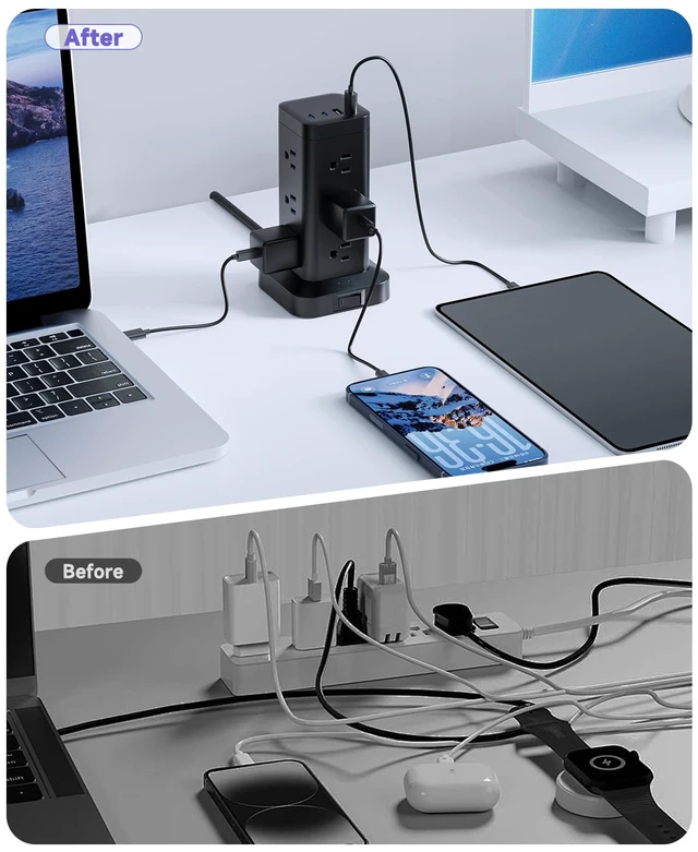 Alt view image 6 of 7 - Tower Power Strip with PD 30W Fast-Charging Port, 12 Outlets, 4 USB Ports (2 USB-C), 1800J Surge Protector, Charging Station for Multiple Devices,9.8FT Extension Cord, Black, Home Office Essentials