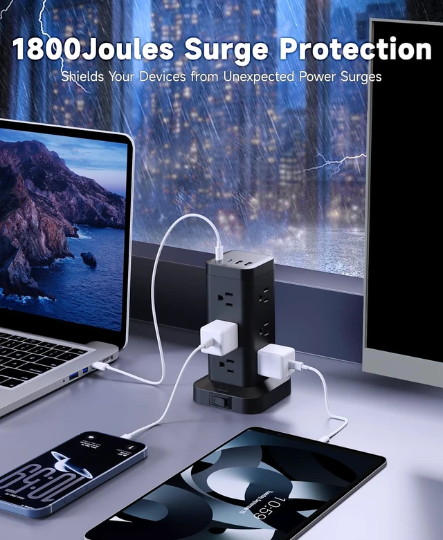 Alt view image 5 of 7 - Tower Power Strip with PD 30W Fast-Charging Port, 12 Outlets, 4 USB Ports (2 USB-C), 1800J Surge Protector, Charging Station for Multiple Devices,9.8FT Extension Cord, Black, Home Office Essentials