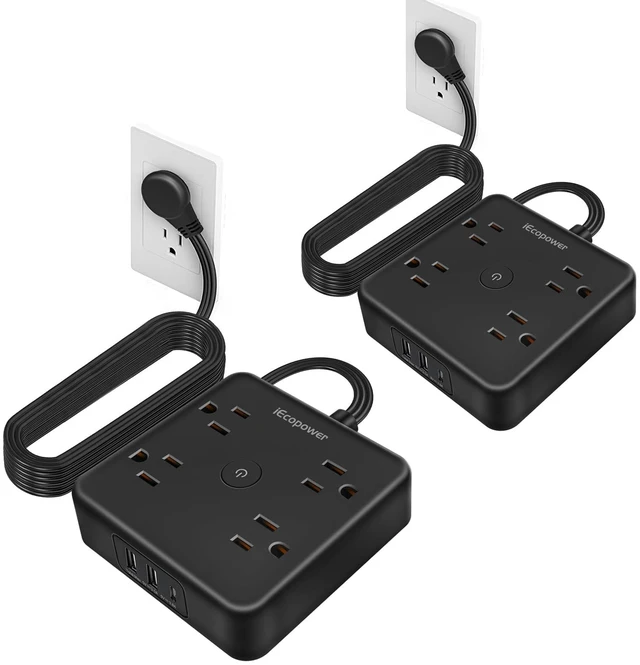 Main image of Power Strip 15 ft Cord,Long Power Strip with 4 Widely Outlets, Thin Extension Cord with 3 USB Ports(1 USB C Port),Slim Desk Charging Station,Black(2 Pack)
