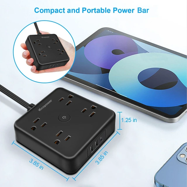 Alt view image 4 of 7 - Power Strip 15 ft Cord,Long Power Strip with 4 Widely Outlets, Thin Extension Cord with 3 USB Ports(1 USB C Port),Slim Desk Charging Station,Black(2 Pack)