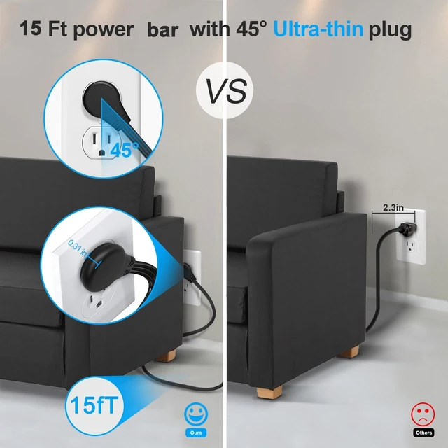 Alt view image 6 of 7 - Power Strip 15 ft Cord,Long Power Strip with 4 Widely Outlets, Thin Extension Cord with 3 USB Ports(1 USB C Port),Slim Desk Charging Station,Black(2 Pack)