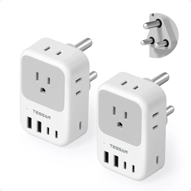 Main image of Type M South Africa Plug Adapter, PD 28W 2-Pack 4 AC Outlets & 5 USB Ports (3 USB-C), Travel Adaptor US to Botswana Namibia Nepal Bhutan