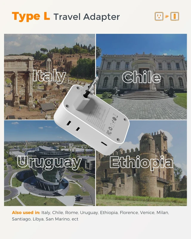 Alt view image 2 of 7 - Italy Travel Plug Adapter 28W, Italy Power Adapter, 2 Packs 4 Outlets, 5 USB Ports (3 USB-C), Type L Outlet Adaptor