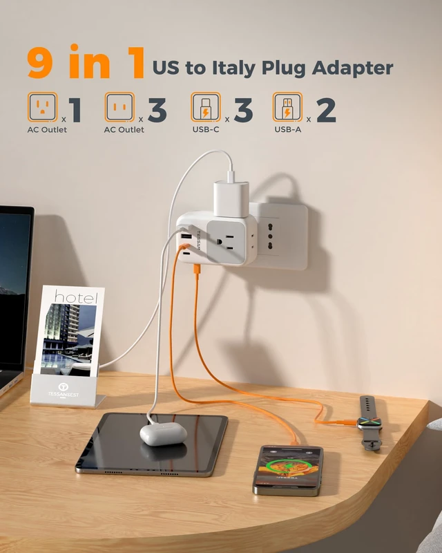 Alt view image 3 of 7 - Italy Travel Plug Adapter 28W, Italy Power Adapter, 2 Packs 4 Outlets, 5 USB Ports (3 USB-C), Type L Outlet Adaptor