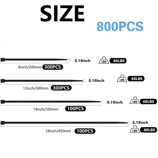 Alt view image 2 of 7 - 800 PCS Black Zip Ties Assorted Sizes 8+12+14+18 Inch Self-locking Nylon Cable ties Heavy Duty Outdoor, UV Resistant Wire Straps for Home Office Garden Workshop Indoor Outdoor Fence