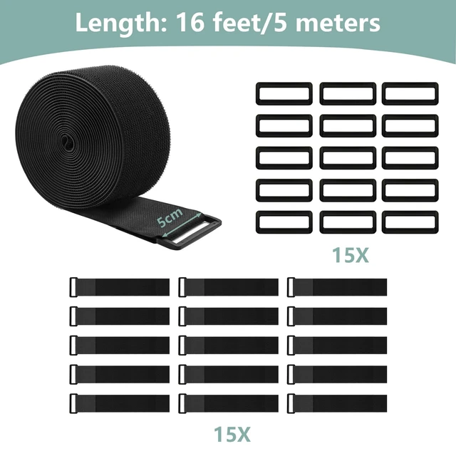 Alt view image 2 of 7 - 2In x 16Ft Cable Straps Heavy Duty With 15 Buckles, Black Hook and Loop Straps, Reusable Cable Ties for Organizer or Storage