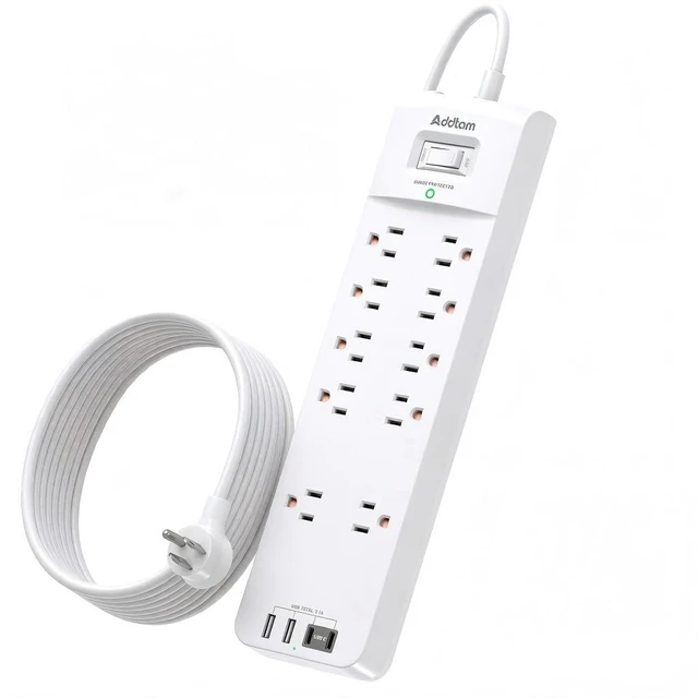 Main image of Power Strips with Surge Protection, 12FT Long Extension Cord with Multiple Outlets, Surge Protector Power Strip with 10 Outlets and 4 USB Ports(2 USB C), Flat Plug, 2700J, White