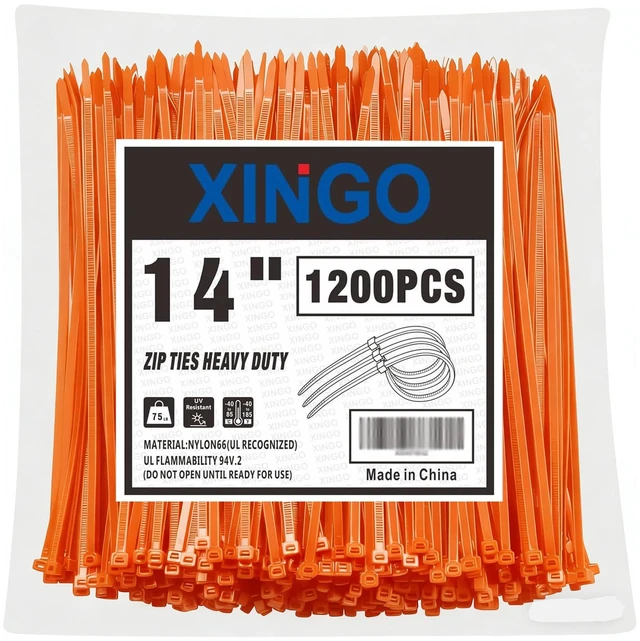 Main image of 14 Inch Orange Zip Ties 1200 PCS, 75 LBS Ultra Strong Tensile Strength, UV Resistant Cable Ties, Self-locking Plastic Ties for Indoor and Outdoor Use