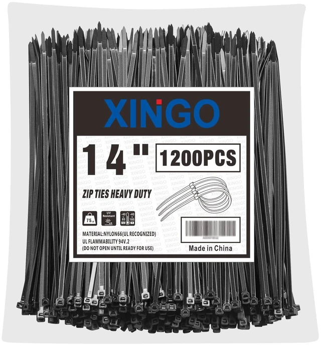 Main image of 14 Inch Black Zip Ties 1200 PCS, 75 LBS Tensile Strength, UV Resistant Cable Ties, Self-locking Plastic Ties for Indoor and Outdoor Use