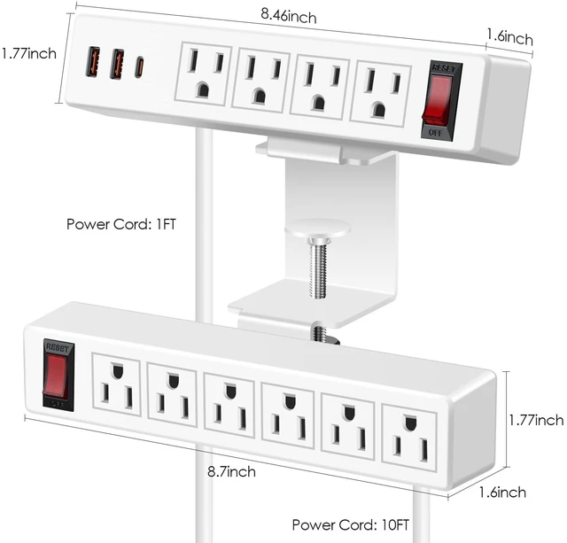 Alt view image 6 of 7 - Desk Clamp Dual Layer Power Strip, 20W USB-C, 700J Surge Protector 10AC 10FT Extension Cord, Outlet Extender Desk Organizer Workstation Home Office, Fits 1.7" Tabletop Edge, White, ETL Listed