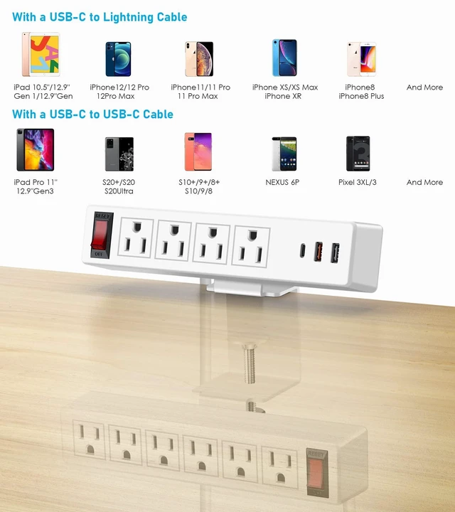 Alt view image 7 of 7 - Desk Clamp Dual Layer Power Strip, 20W USB-C, 700J Surge Protector 10AC 10FT Extension Cord, Outlet Extender Desk Organizer Workstation Home Office, Fits 1.7" Tabletop Edge, White, ETL Listed