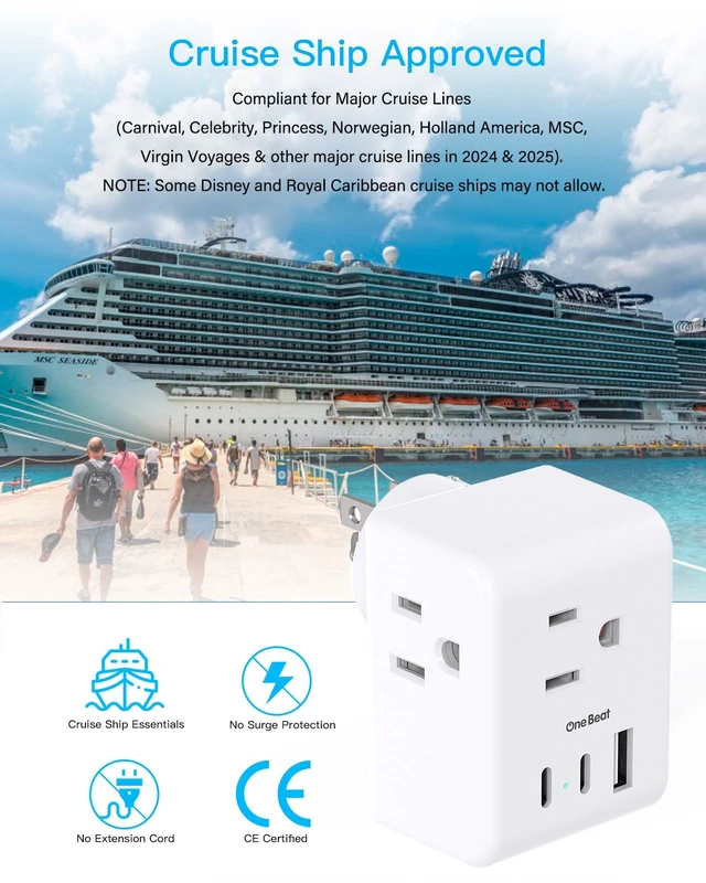 Alt view image 4 of 7 - Travel Cruise Ship Essentials, Mini Multi Plug Wall Outlet Extender,White 3 Outlets 3 USB Ports (2 USB-C), Small Power Strip Non Surge Protector for Cruise Travel, Cruise Outlet Splitter Plug Adapter