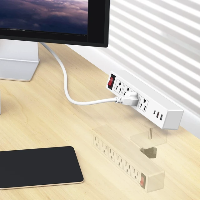 Alt view image 4 of 7 - Desk Clamp Dual Layer Power Strip, 20W USB-C, 700J Surge Protector 10AC 10FT Extension Cord, Outlet Extender Desk Organizer Workstation Home Office, Fits 1.7" Tabletop Edge, White, ETL Listed